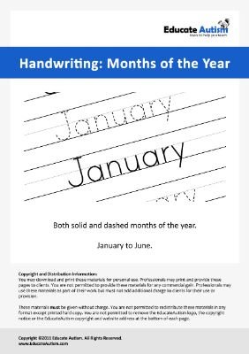 Handwriting Months - January to June - Educate Autism