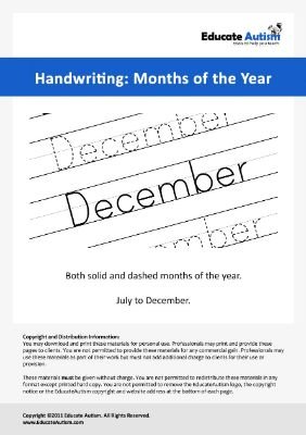 Handwriting Months - July to December - Educate Autism
