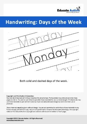 Handwriting Days of the Week - Educate Autism